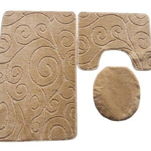 Scroll Oversize 3PC Bathroom Set Contour ,Mat ,Toilet Lid Cover Taupe